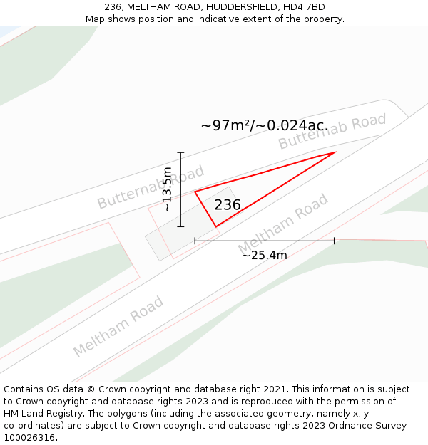 236, MELTHAM ROAD, HUDDERSFIELD, HD4 7BD: Plot and title map