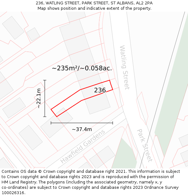 236, WATLING STREET, PARK STREET, ST ALBANS, AL2 2PA: Plot and title map