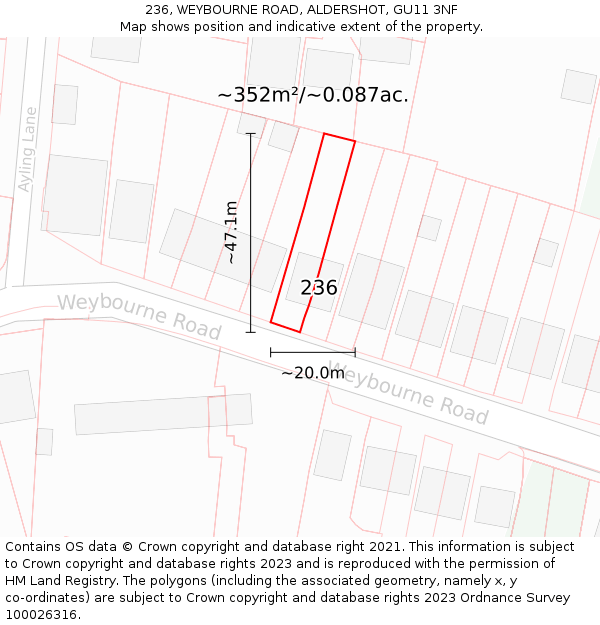 236, WEYBOURNE ROAD, ALDERSHOT, GU11 3NF: Plot and title map