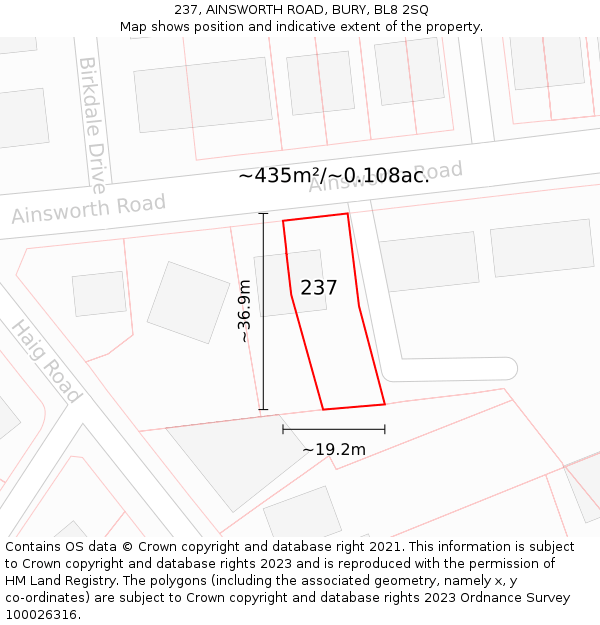 237, AINSWORTH ROAD, BURY, BL8 2SQ: Plot and title map