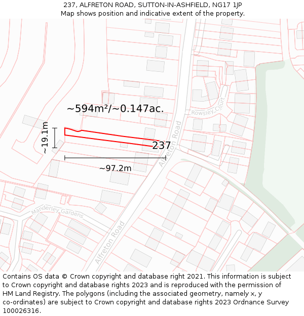 237, ALFRETON ROAD, SUTTON-IN-ASHFIELD, NG17 1JP: Plot and title map