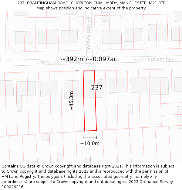 237, BRANTINGHAM ROAD, CHORLTON CUM HARDY, MANCHESTER, M21 0TP: Plot and title map