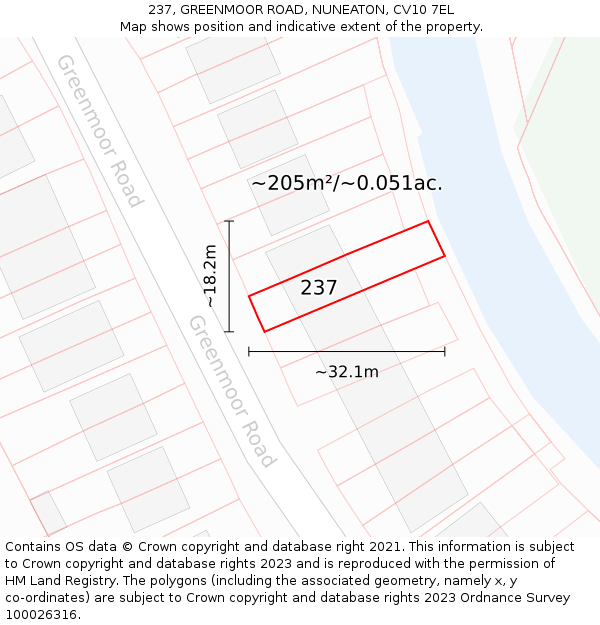 237, GREENMOOR ROAD, NUNEATON, CV10 7EL: Plot and title map