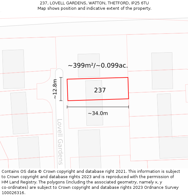 237, LOVELL GARDENS, WATTON, THETFORD, IP25 6TU: Plot and title map