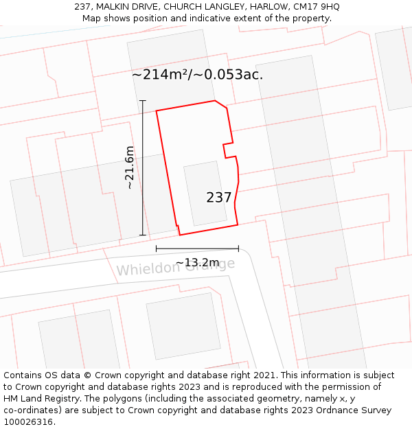 237, MALKIN DRIVE, CHURCH LANGLEY, HARLOW, CM17 9HQ: Plot and title map