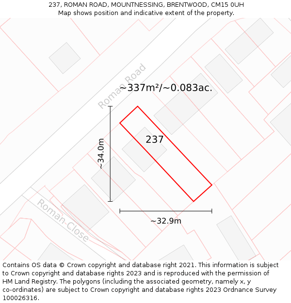 237, ROMAN ROAD, MOUNTNESSING, BRENTWOOD, CM15 0UH: Plot and title map