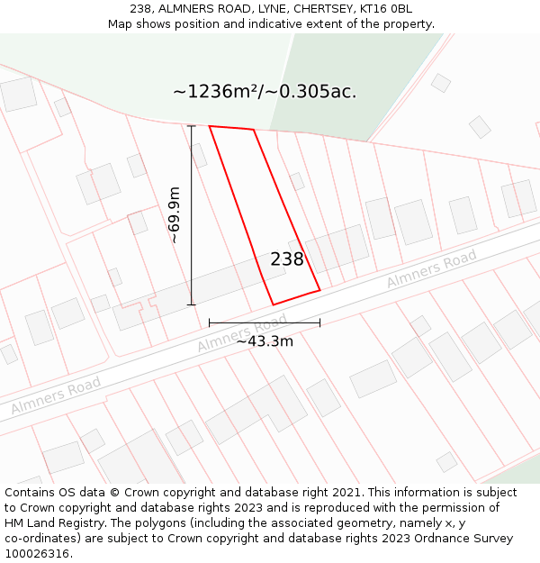 238, ALMNERS ROAD, LYNE, CHERTSEY, KT16 0BL: Plot and title map