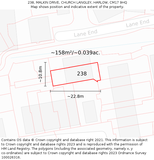 238, MALKIN DRIVE, CHURCH LANGLEY, HARLOW, CM17 9HQ: Plot and title map