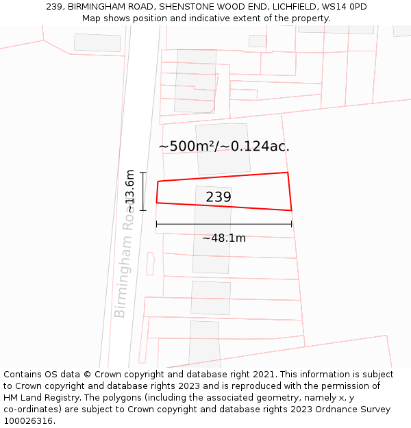 239, BIRMINGHAM ROAD, SHENSTONE WOOD END, LICHFIELD, WS14 0PD: Plot and title map