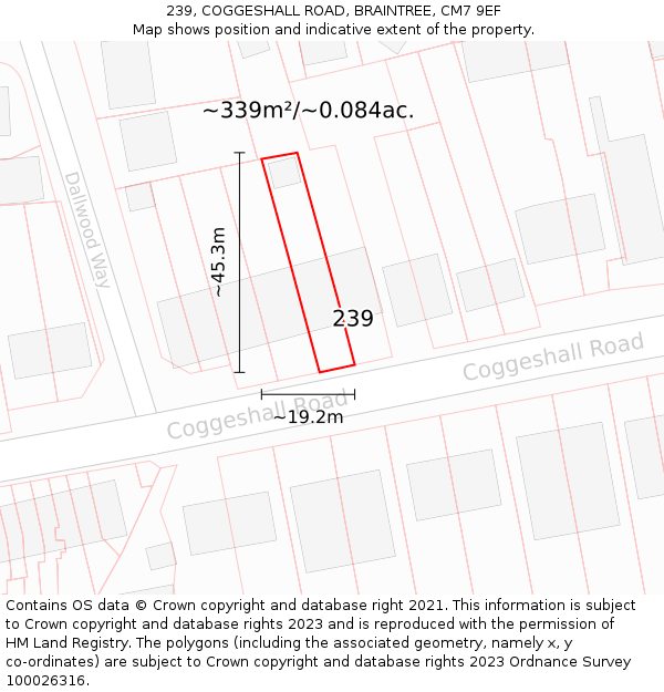 239, COGGESHALL ROAD, BRAINTREE, CM7 9EF: Plot and title map