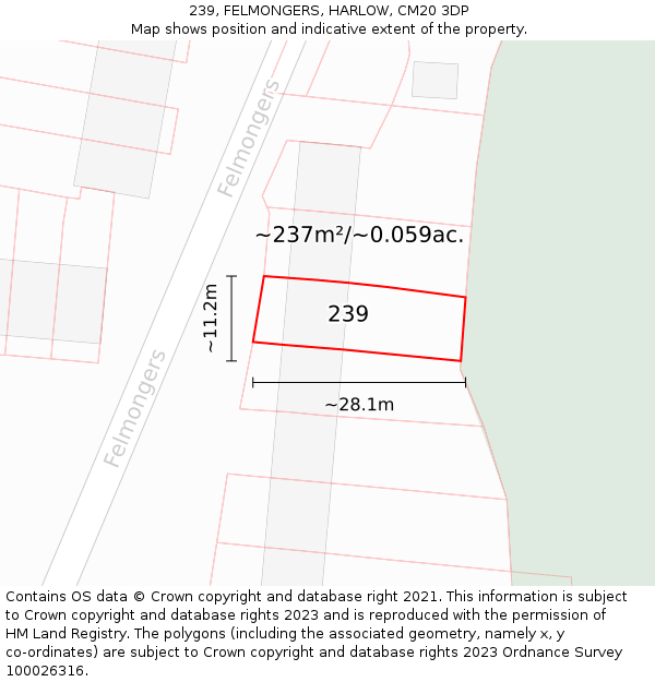 239, FELMONGERS, HARLOW, CM20 3DP: Plot and title map