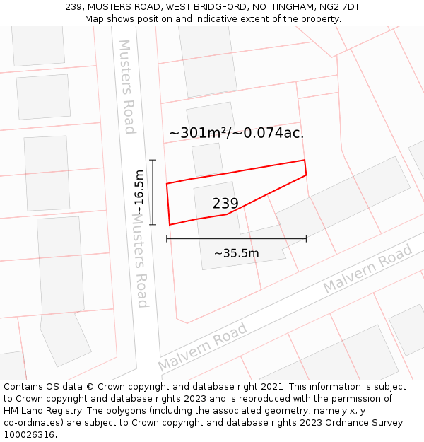 239, MUSTERS ROAD, WEST BRIDGFORD, NOTTINGHAM, NG2 7DT: Plot and title map