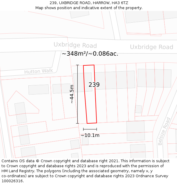 239, UXBRIDGE ROAD, HARROW, HA3 6TZ: Plot and title map