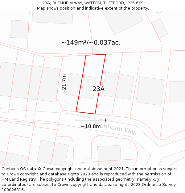 23A, BLENHEIM WAY, WATTON, THETFORD, IP25 6XS: Plot and title map