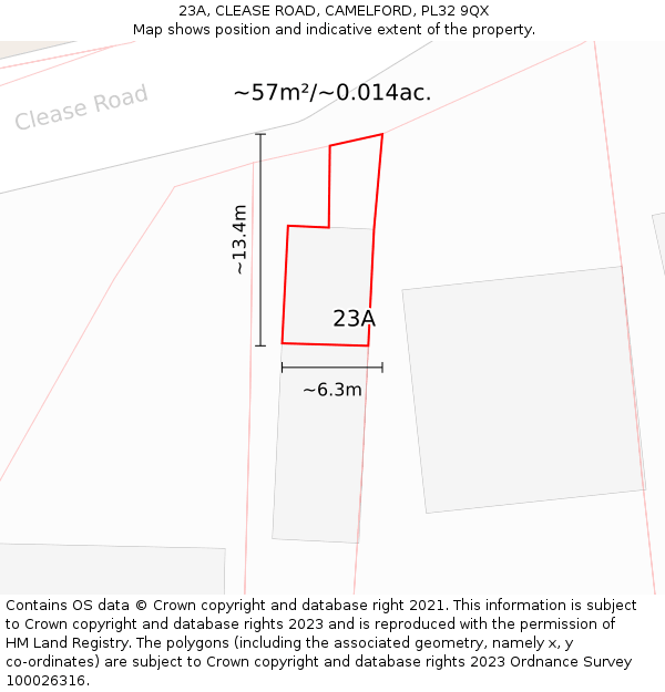 23A, CLEASE ROAD, CAMELFORD, PL32 9QX: Plot and title map