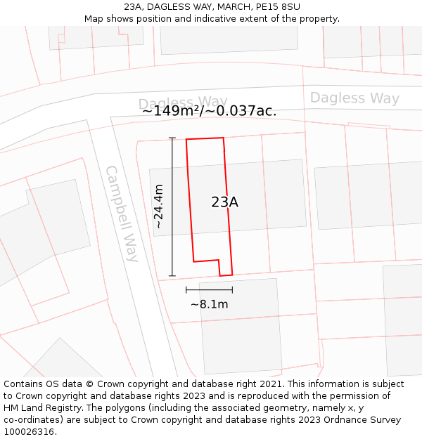 23A, DAGLESS WAY, MARCH, PE15 8SU: Plot and title map