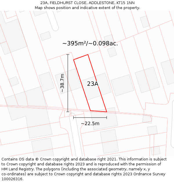 23A, FIELDHURST CLOSE, ADDLESTONE, KT15 1NN: Plot and title map