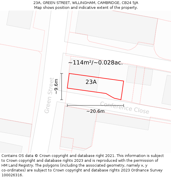 23A, GREEN STREET, WILLINGHAM, CAMBRIDGE, CB24 5JA: Plot and title map