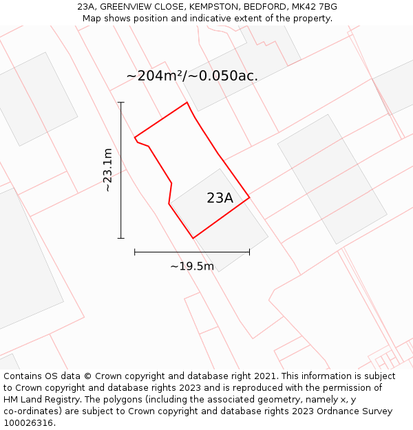 23A, GREENVIEW CLOSE, KEMPSTON, BEDFORD, MK42 7BG: Plot and title map