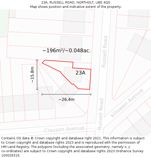 23A, RUSSELL ROAD, NORTHOLT, UB5 4QS: Plot and title map