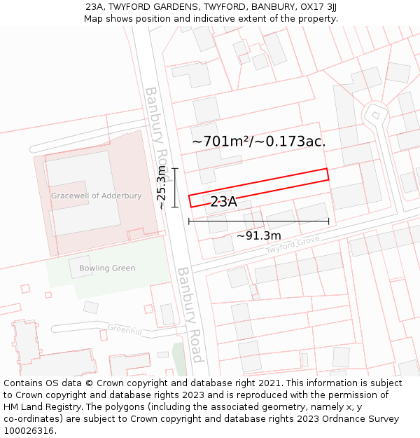 23A, TWYFORD GARDENS, TWYFORD, BANBURY, OX17 3JJ: Plot and title map