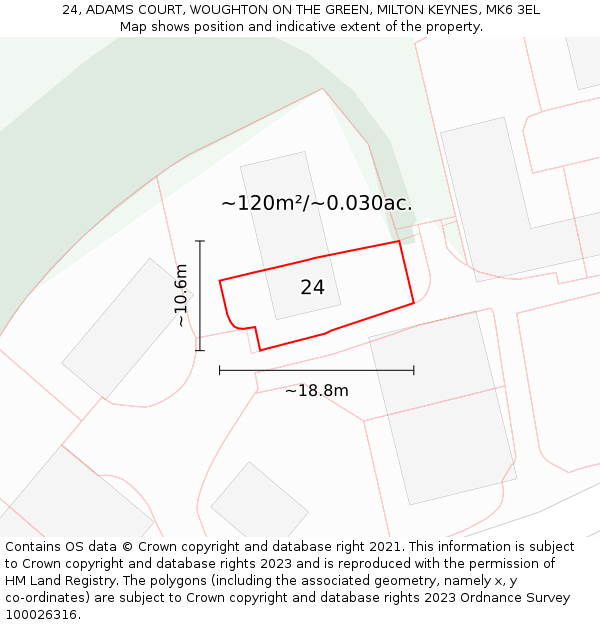 24, ADAMS COURT, WOUGHTON ON THE GREEN, MILTON KEYNES, MK6 3EL: Plot and title map