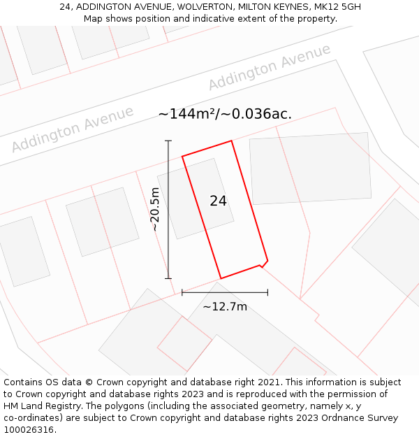 24, ADDINGTON AVENUE, WOLVERTON, MILTON KEYNES, MK12 5GH: Plot and title map