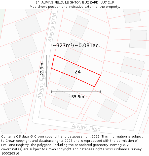 24, ALWINS FIELD, LEIGHTON BUZZARD, LU7 2UF: Plot and title map