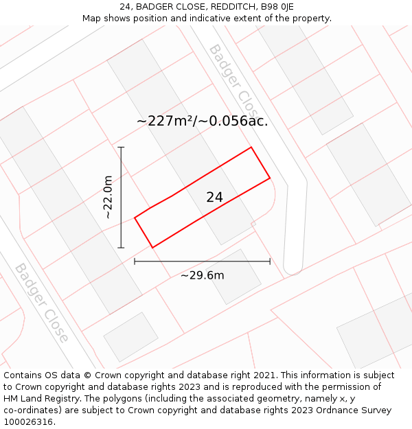 24, BADGER CLOSE, REDDITCH, B98 0JE: Plot and title map