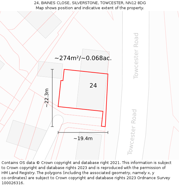 24, BAINES CLOSE, SILVERSTONE, TOWCESTER, NN12 8DG: Plot and title map