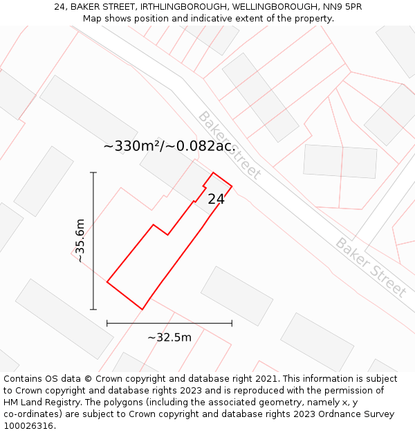 24, BAKER STREET, IRTHLINGBOROUGH, WELLINGBOROUGH, NN9 5PR: Plot and title map