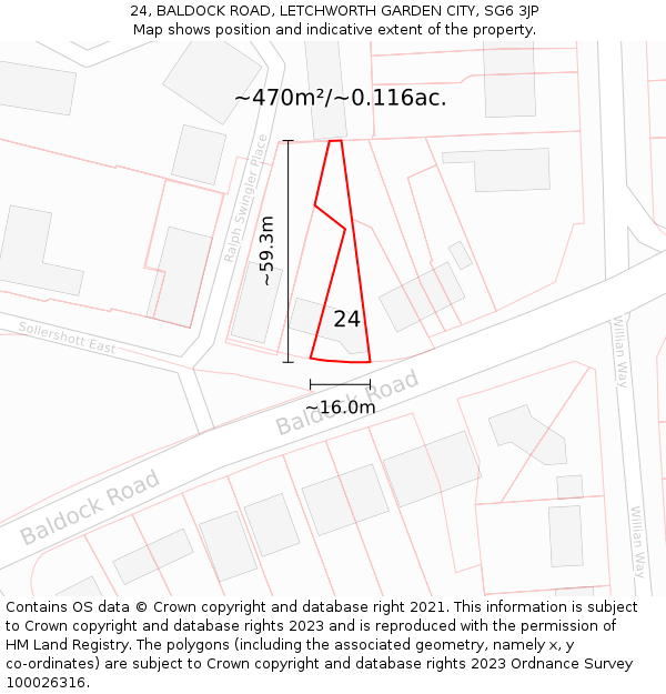 24, BALDOCK ROAD, LETCHWORTH GARDEN CITY, SG6 3JP: Plot and title map