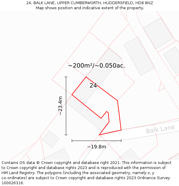 24, BALK LANE, UPPER CUMBERWORTH, HUDDERSFIELD, HD8 8NZ: Plot and title map