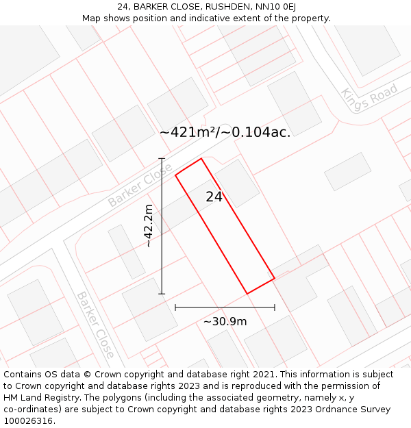 24, BARKER CLOSE, RUSHDEN, NN10 0EJ: Plot and title map