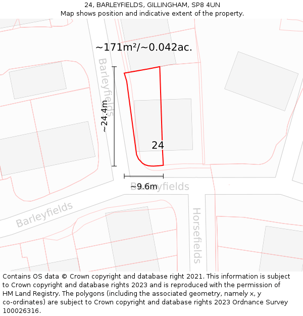 24, BARLEYFIELDS, GILLINGHAM, SP8 4UN: Plot and title map