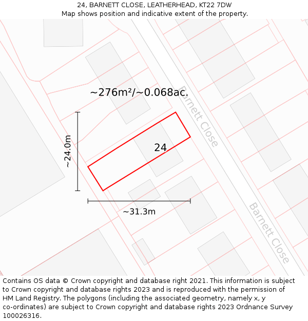 24, BARNETT CLOSE, LEATHERHEAD, KT22 7DW: Plot and title map