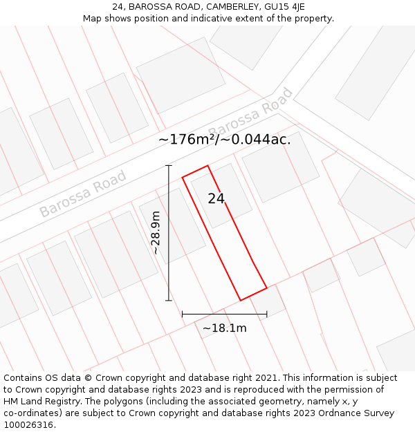 24, BAROSSA ROAD, CAMBERLEY, GU15 4JE: Plot and title map