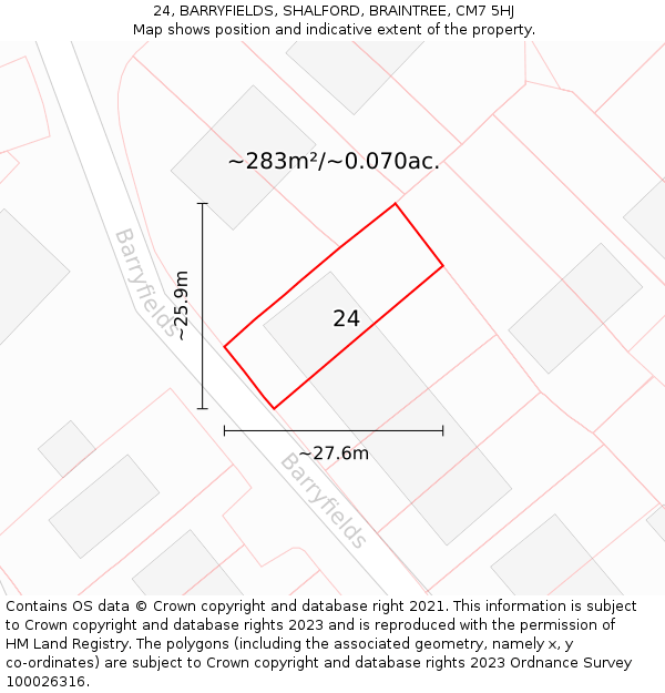 24, BARRYFIELDS, SHALFORD, BRAINTREE, CM7 5HJ: Plot and title map