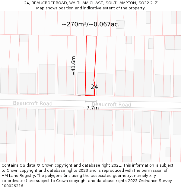 24, BEAUCROFT ROAD, WALTHAM CHASE, SOUTHAMPTON, SO32 2LZ: Plot and title map