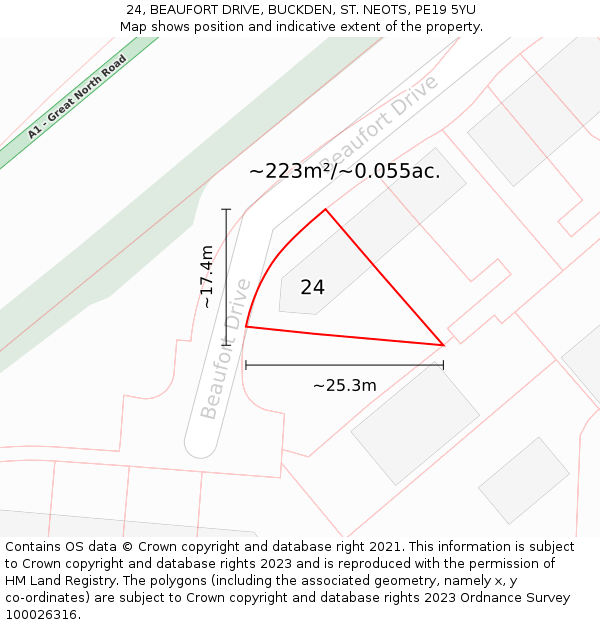 24, BEAUFORT DRIVE, BUCKDEN, ST. NEOTS, PE19 5YU: Plot and title map