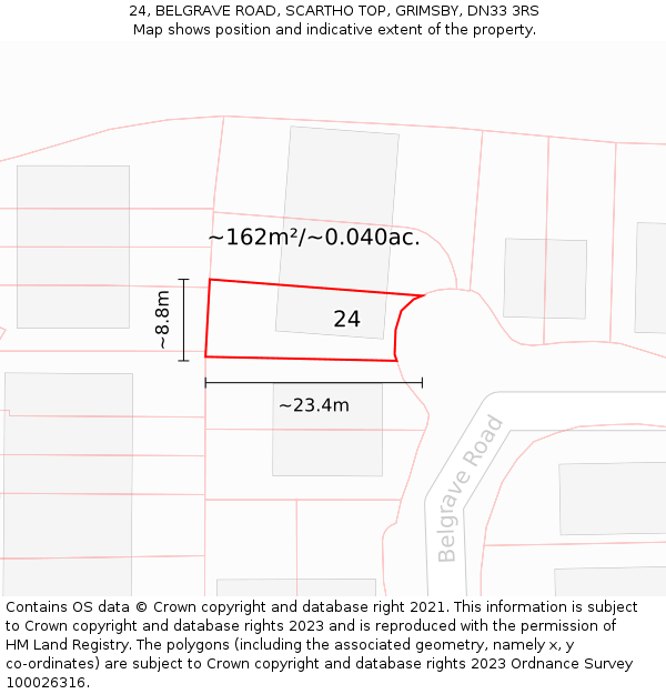 24, BELGRAVE ROAD, SCARTHO TOP, GRIMSBY, DN33 3RS: Plot and title map