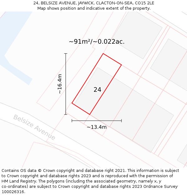 24, BELSIZE AVENUE, JAYWICK, CLACTON-ON-SEA, CO15 2LE: Plot and title map