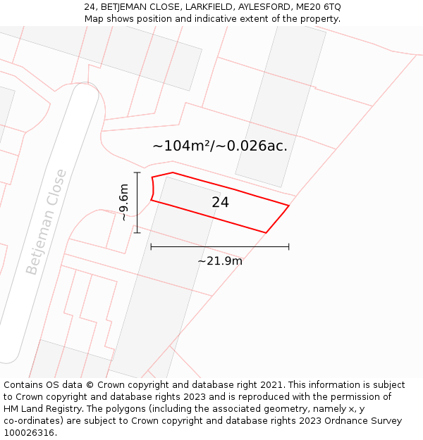 24, BETJEMAN CLOSE, LARKFIELD, AYLESFORD, ME20 6TQ: Plot and title map