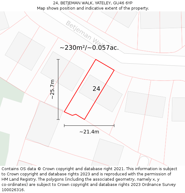 24, BETJEMAN WALK, YATELEY, GU46 6YP: Plot and title map