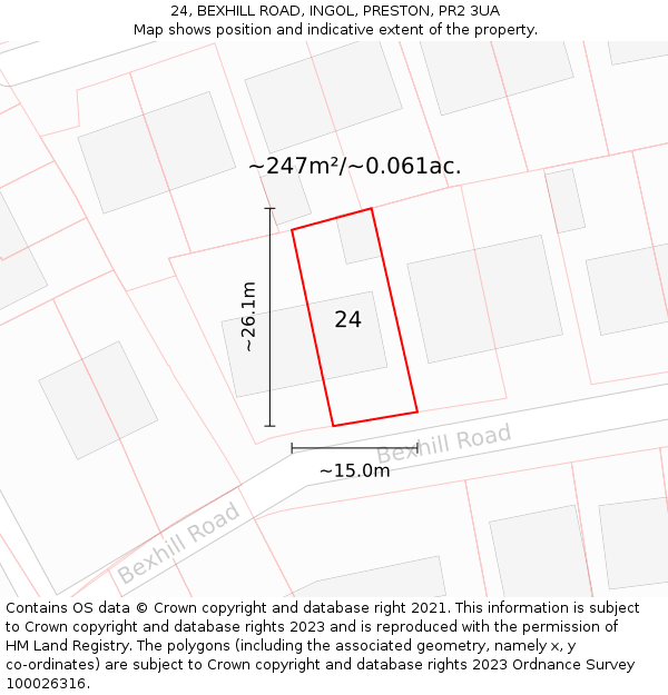 24, BEXHILL ROAD, INGOL, PRESTON, PR2 3UA: Plot and title map