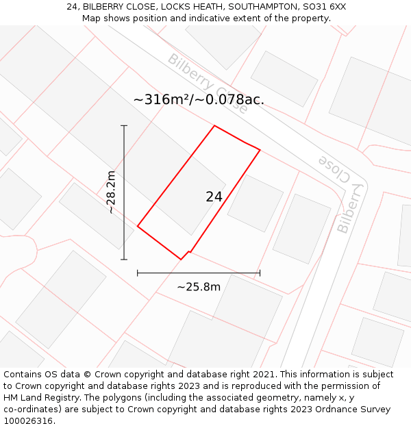 24, BILBERRY CLOSE, LOCKS HEATH, SOUTHAMPTON, SO31 6XX: Plot and title map