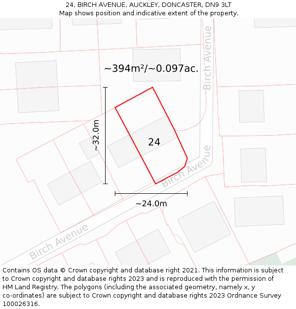 24, BIRCH AVENUE, AUCKLEY, DONCASTER, DN9 3LT: Plot and title map