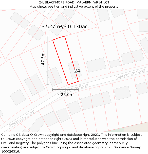 24, BLACKMORE ROAD, MALVERN, WR14 1QT: Plot and title map
