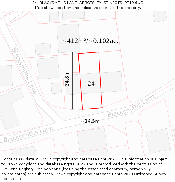 24, BLACKSMITHS LANE, ABBOTSLEY, ST NEOTS, PE19 6UG: Plot and title map