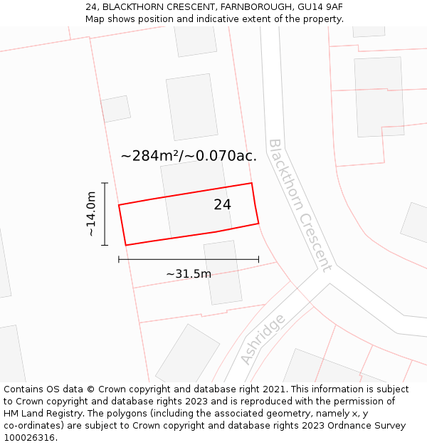 24, BLACKTHORN CRESCENT, FARNBOROUGH, GU14 9AF: Plot and title map